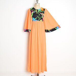 vintage 70s dress orange angel sleeve kimono maxi boho hippie floral print M